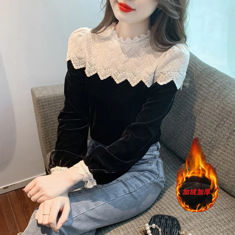 加绒加厚内搭蕾丝拼接丝绒上衣女秋冬新款百搭修身显瘦长袖打底衫
