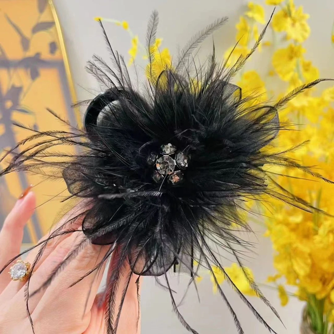 时尚百搭抓夹秋冬发饰发卡氛围感黑羽毛发夹优雅气质头饰发夹
