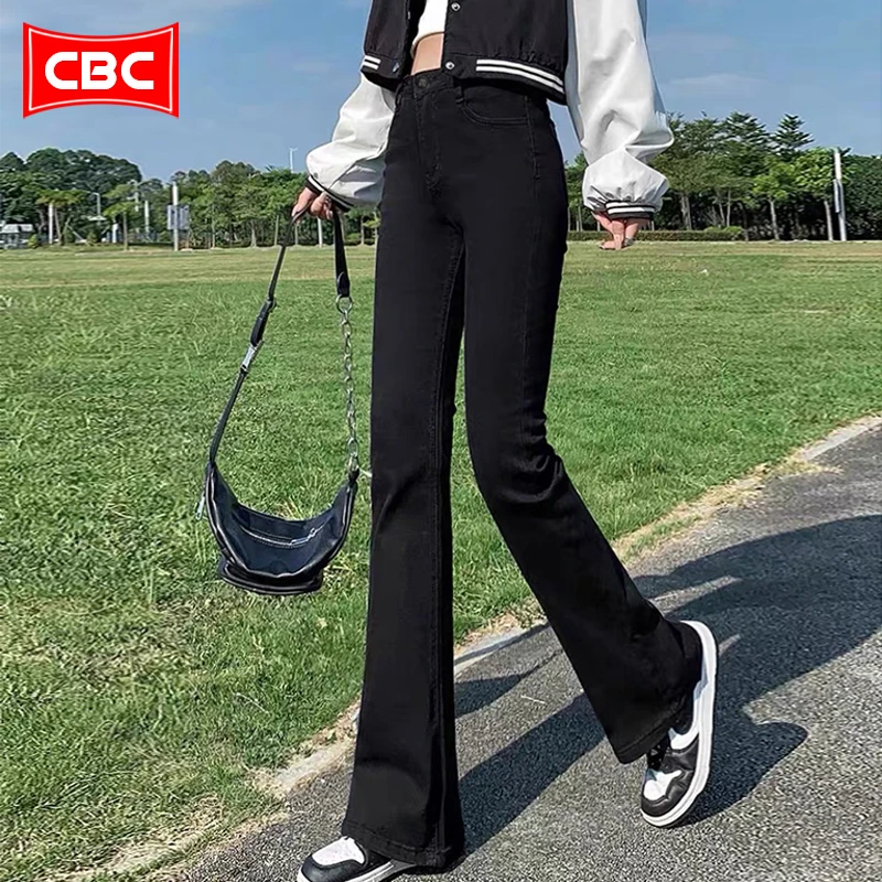 COBCBC黑色微喇牛仔裤女2024年夏季新款高腰显瘦修身裤弹力喇叭裤