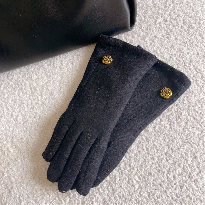 秋冬时尚复古山茶花手套保暖小香风防寒手套