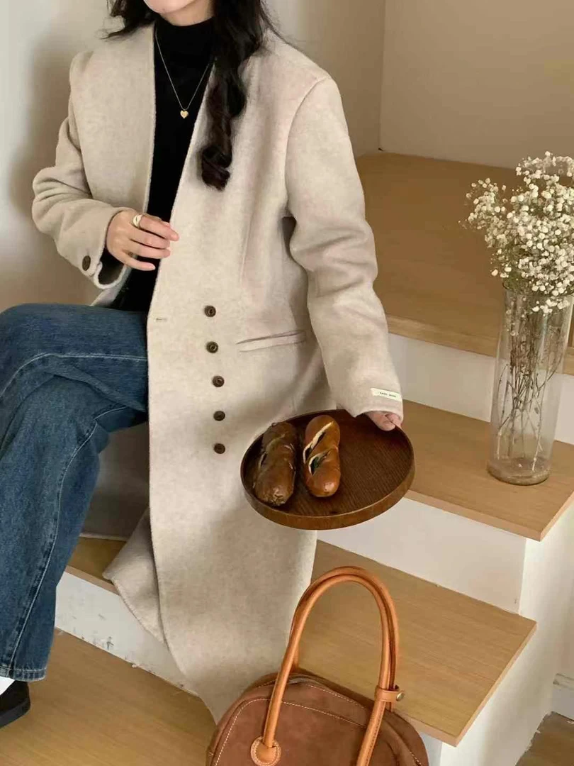 宽袖长款秋冬毛呢外套女装中长款翻领时尚气质呢大衣百搭