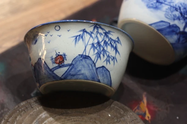 青花瓷全手绘釉下彩米饭碗高温烧制渔樵耕读