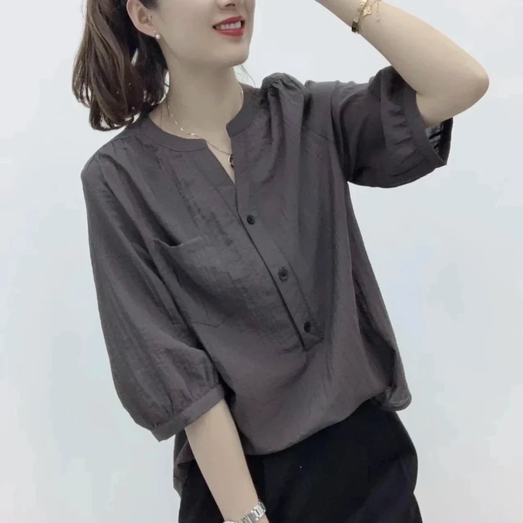 2024新款爆款七分袖大码风百搭显瘦减龄上衣女V领T恤79#