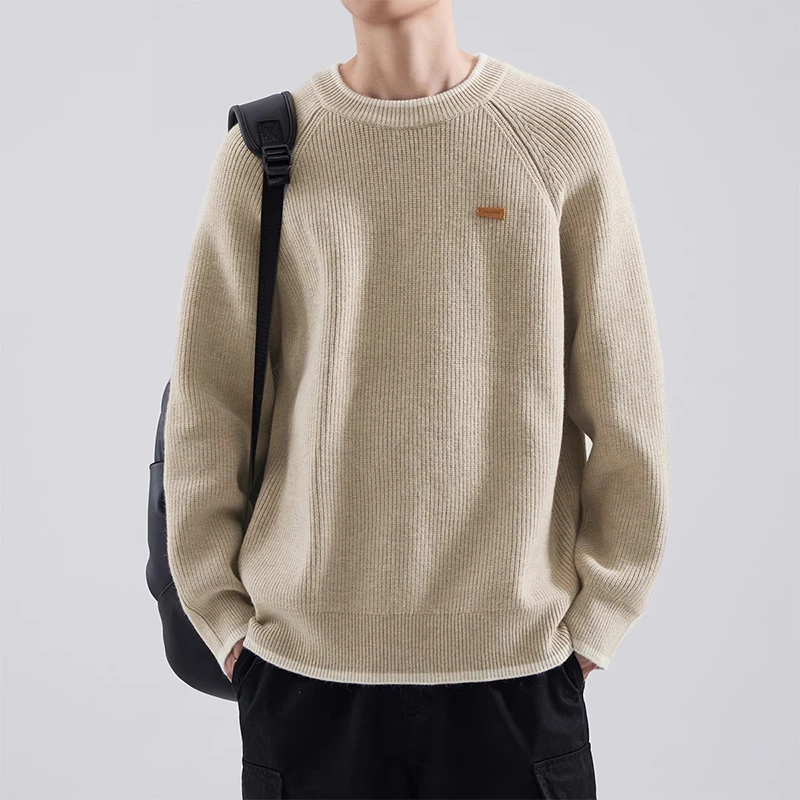 假两件毛衣男士冬季潮牌圆领宽松休闲慵懒风插肩袖针织衫纯色上衣