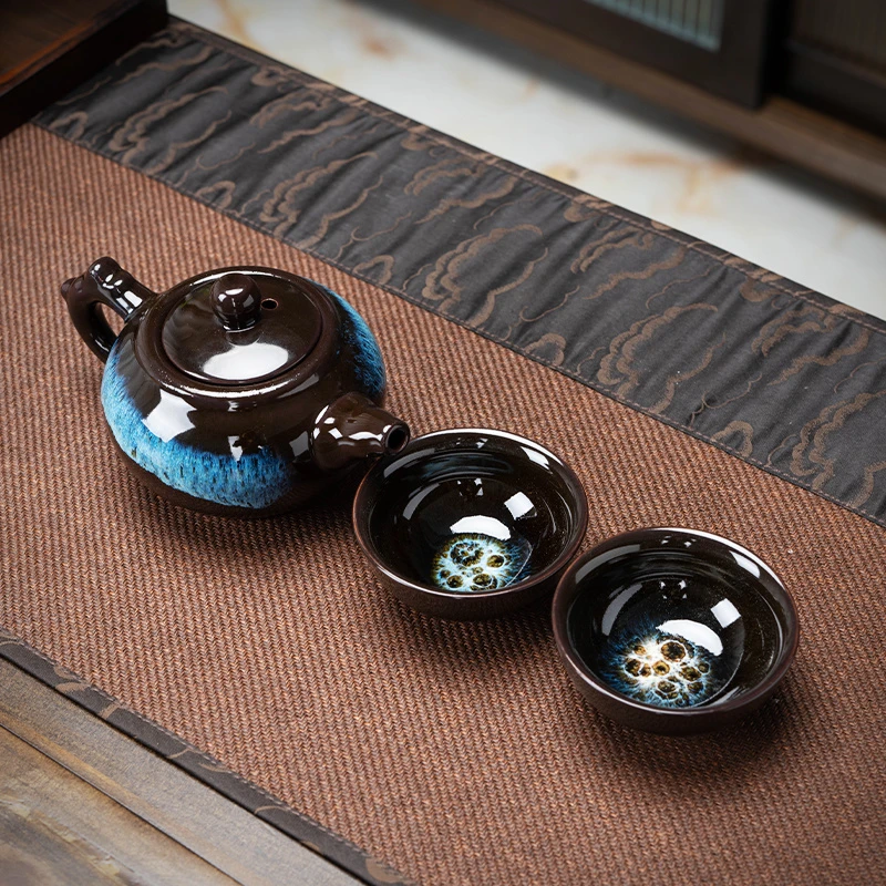 沙金釉一壶二杯功夫茶具建盏茶杯陶瓷天目釉泡茶壶家用钧瓷盏茶