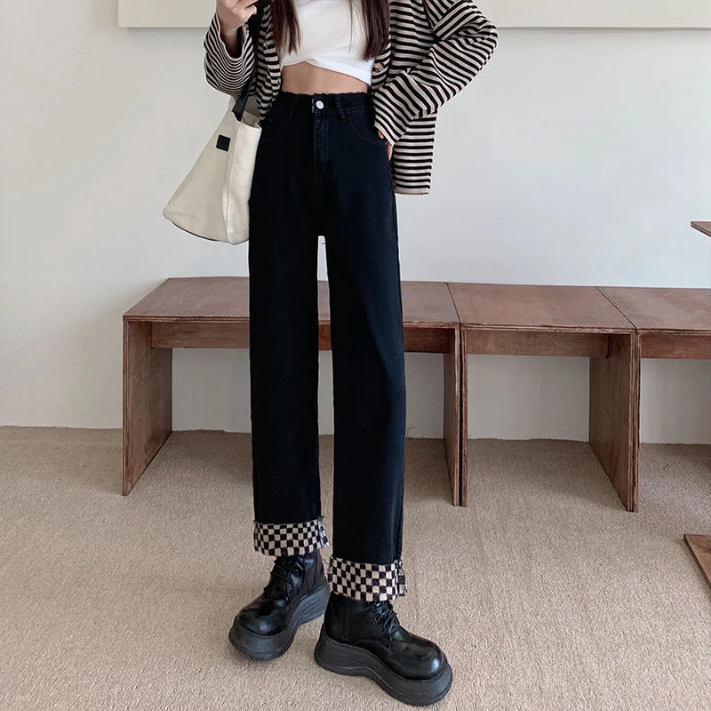 黑色翻边阔腿牛仔裤女冬季加绒大码胖mm宽松梨形身材直筒裤子