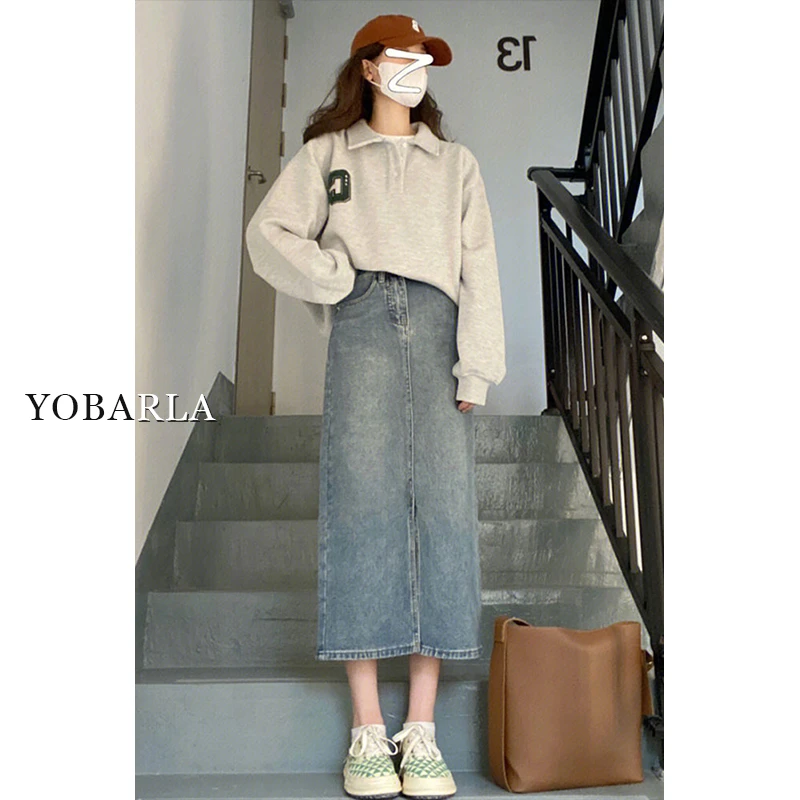 【新年宠粉】复古蓝开叉牛仔半身裙YBL-2610