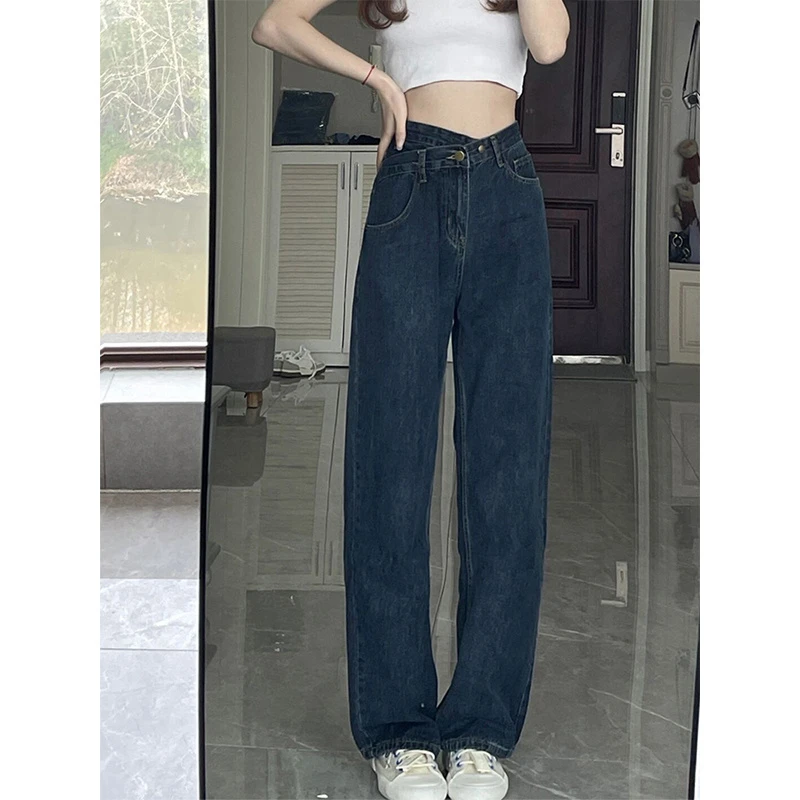 【新年宠粉】深蓝色不规则直筒牛仔裤女春季大码高腰阔腿裤YBL-8722