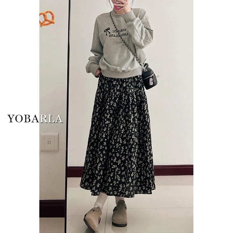 黑色碎花半身裙女高腰夏季大码显瘦胖mm梨形身材遮胯中长款a字裙