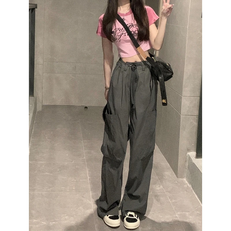 深灰色休闲工装裤女直筒高腰薄款大码胖mm宽松显瘦设计感阔腿裤子