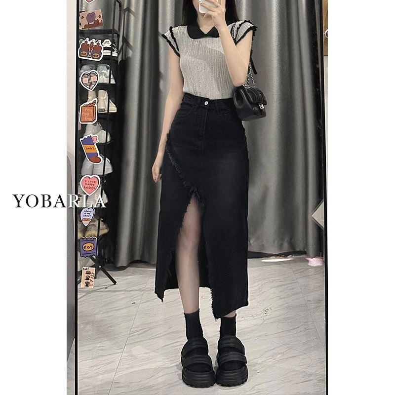 黑色不规则开叉牛仔半身裙女夏季大码胖mm高腰显瘦中长款a字裙子