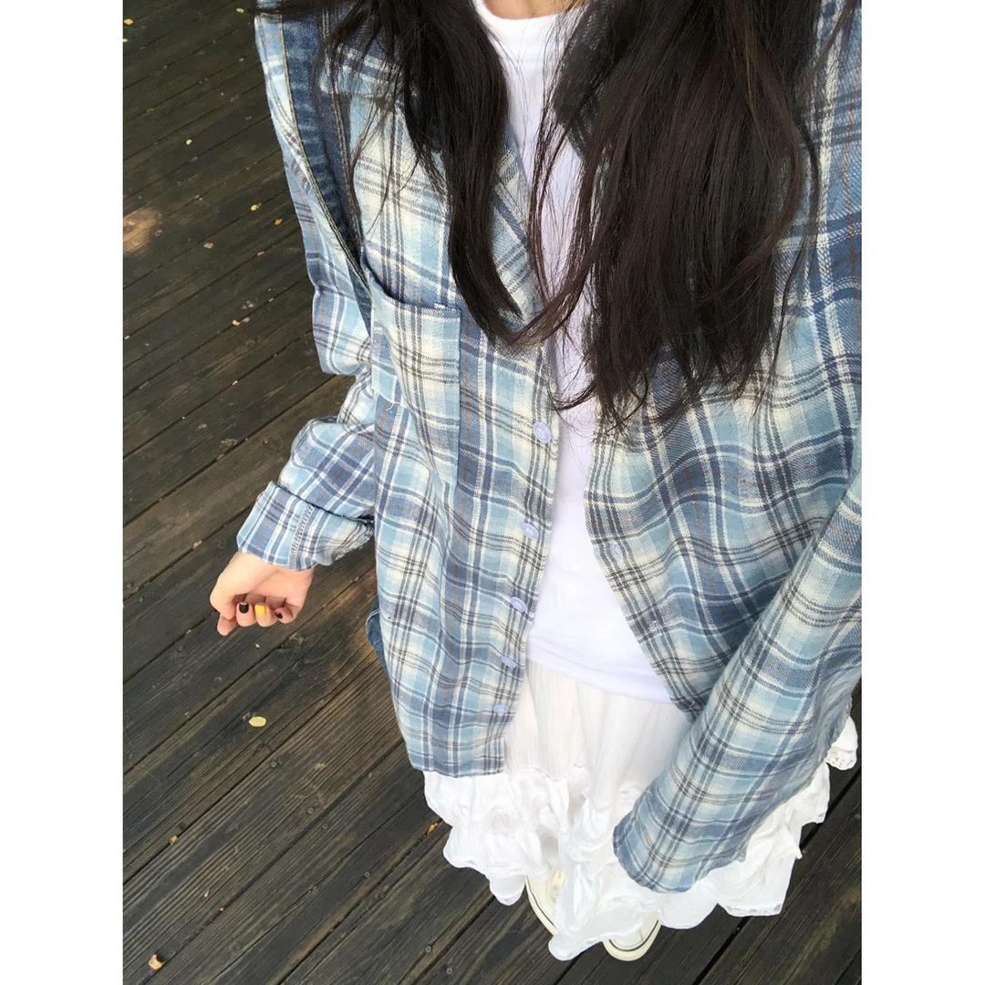 幂式穿搭格子衬衫慵懒风复古春秋宽松衬衫开衫百搭韩版外套长袖女