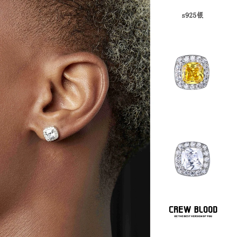 925银合成锆石耳饰 CREW欧美黄钻锆石纯银耳钉防过敏小众嘻哈银针