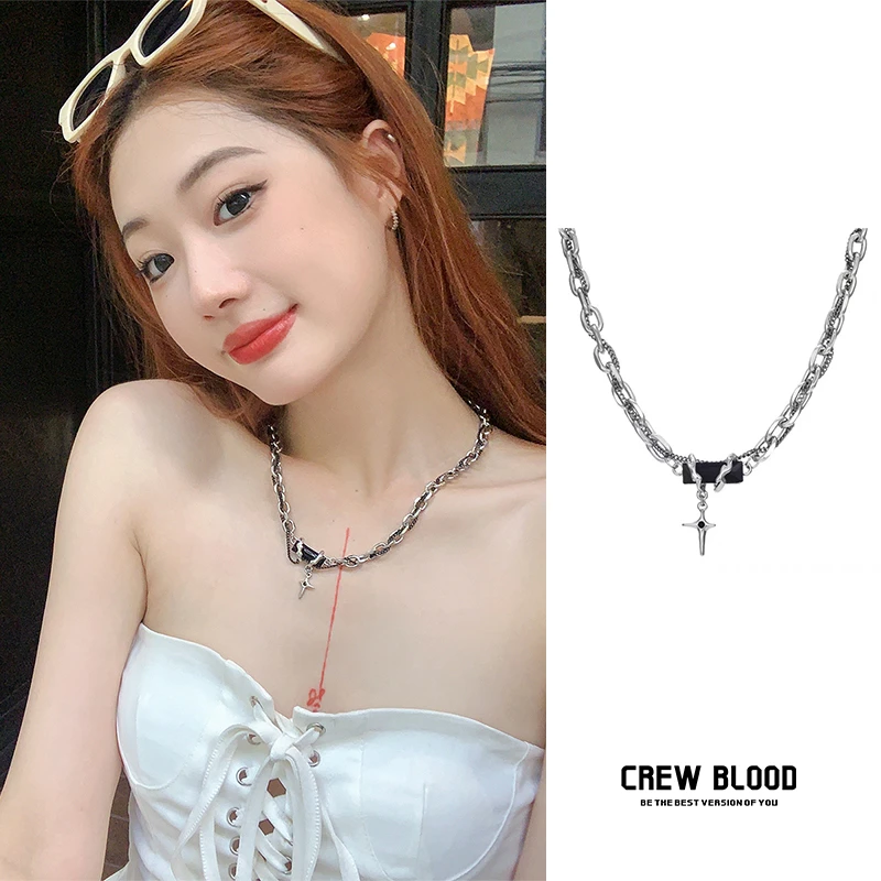 钛钢玻璃项链 CREW欧美黑色四芒星缠绕拼接项链高级感复古锁骨链