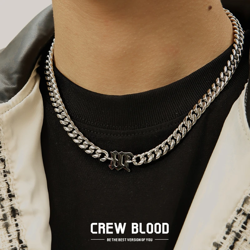 钛钢项链 CREW欧美字母古巴项链男钛钢复古百搭情侣时尚锁骨链