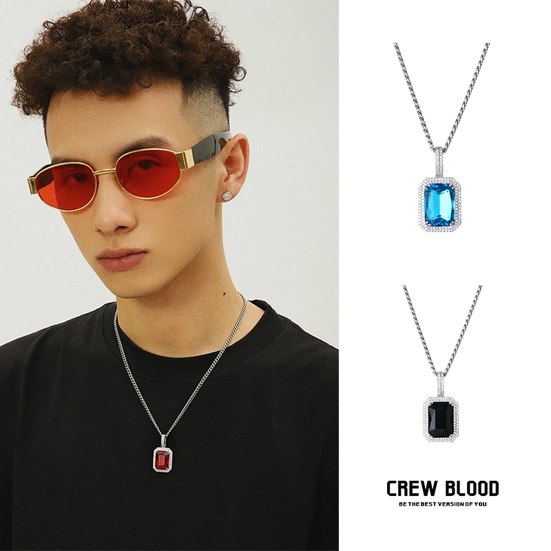 钛钢项链 CREW欧美彩色宝石镶钻古巴项复古百搭嘻哈吊坠微镶个性