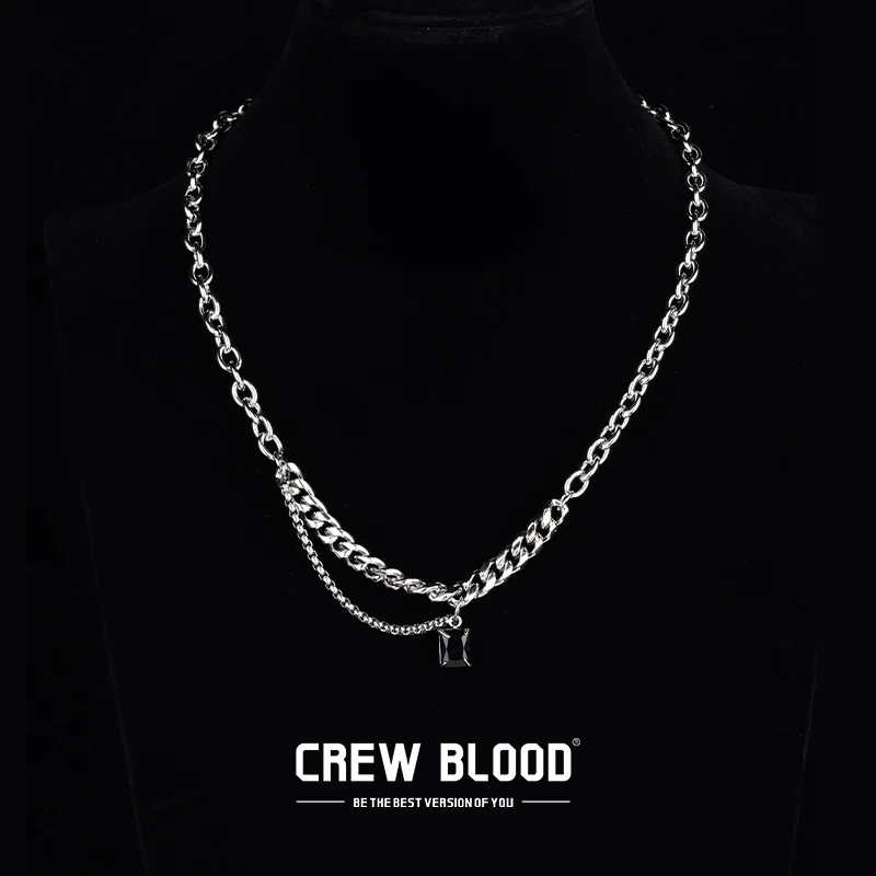 钛钢项链 CREW欧美黑宝石爆裂珠拼接古巴链男钛钢个性百搭设计感