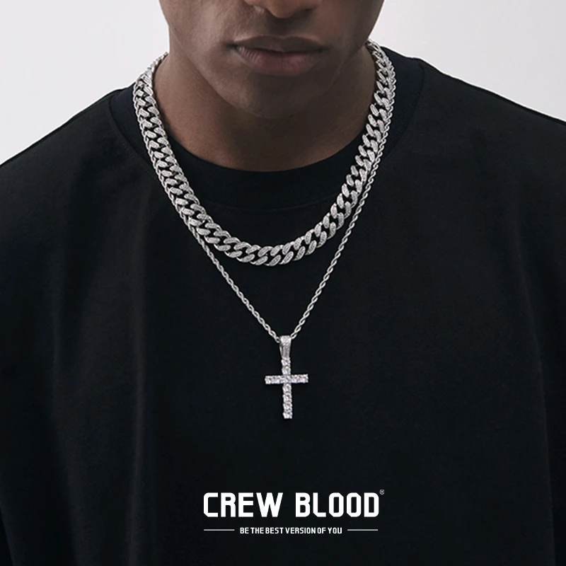 钛钢项链 欧美十字架锆石镶钻满钻项链 嘻哈街头配饰情侣款百搭