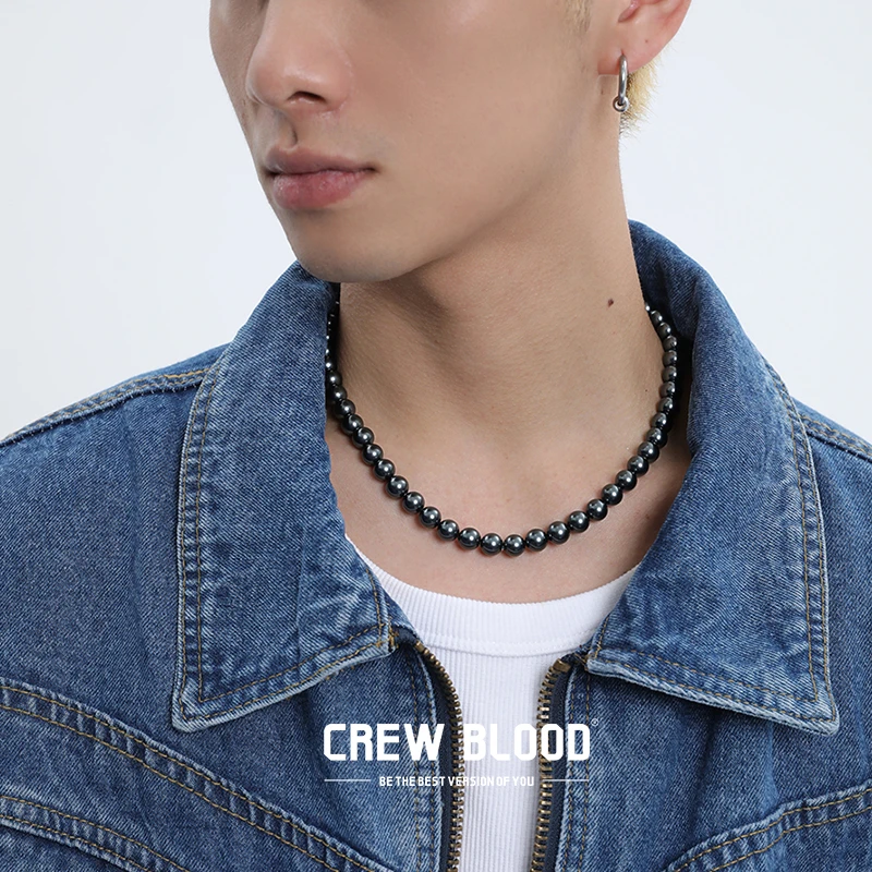 铜合金仿珍珠项链 CREW欧美黑色仿珍珠项链男嘻哈百搭素款时尚