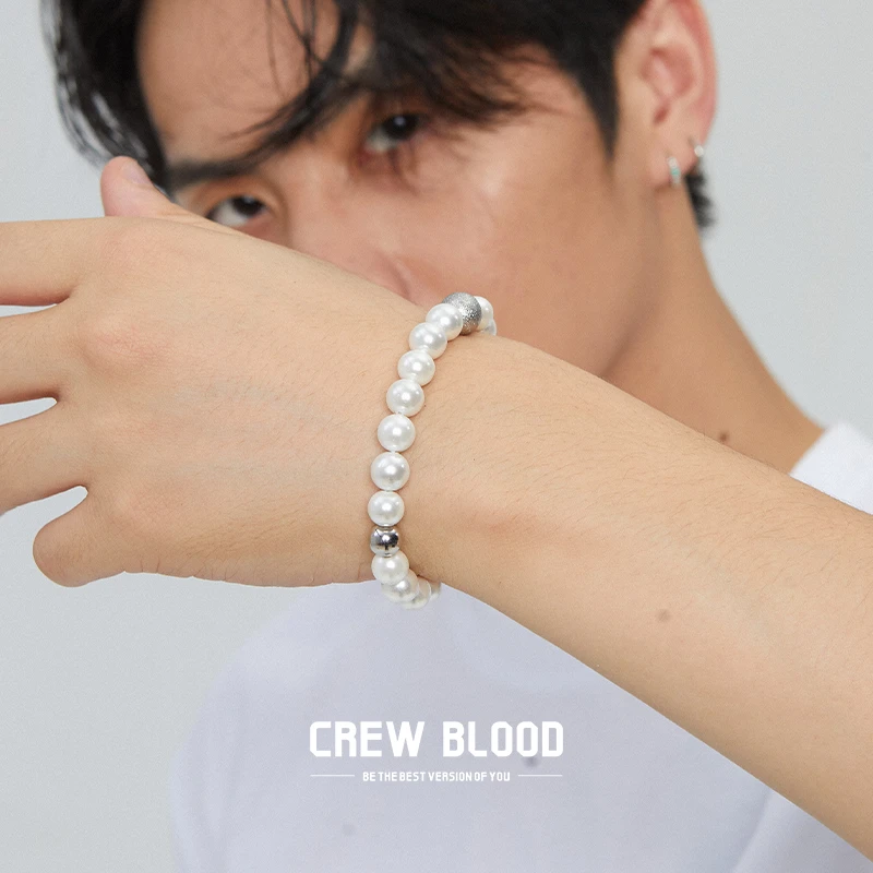 钛钢仿珍珠手链 CREW欧美方块拼接手链男百搭个性轻奢时尚