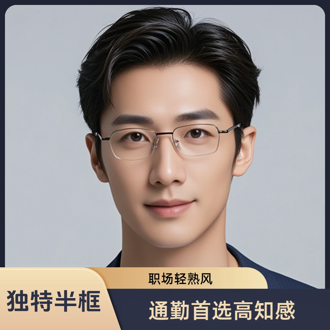 Bβ钛架半框商务眼镜架男女款框超轻眼睛框镜架浅金色枪色YF6199