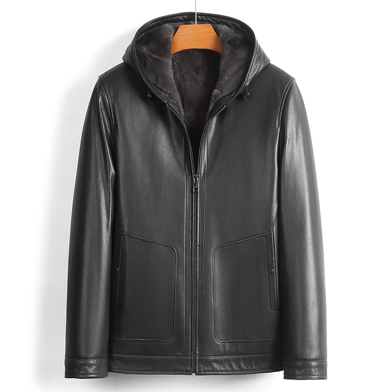 海宁真皮皮衣连帽款皮貂一体休闲夹克水貂内胆冬季保暖皮衣