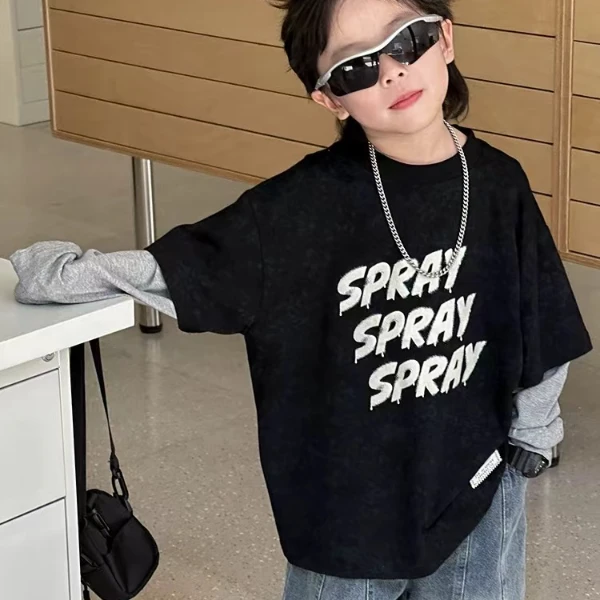 儿童秋装假两件上衣宝宝黑灰拼接时髦酷帅男童春秋休闲长袖t恤潮