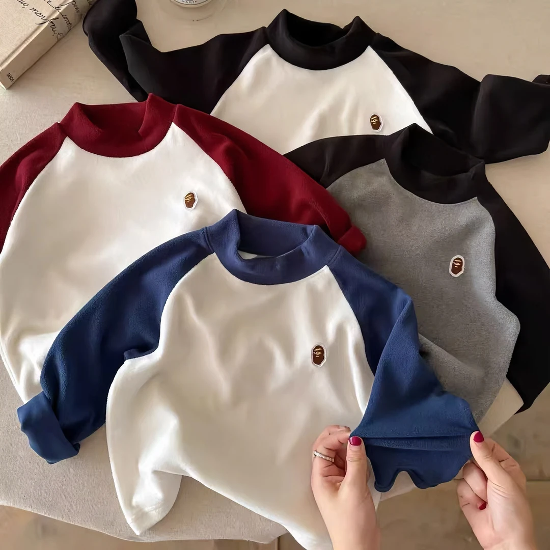 男童秋装长袖T恤2024秋冬季儿童保暖打底衫男女宝宝撞色加厚上衣