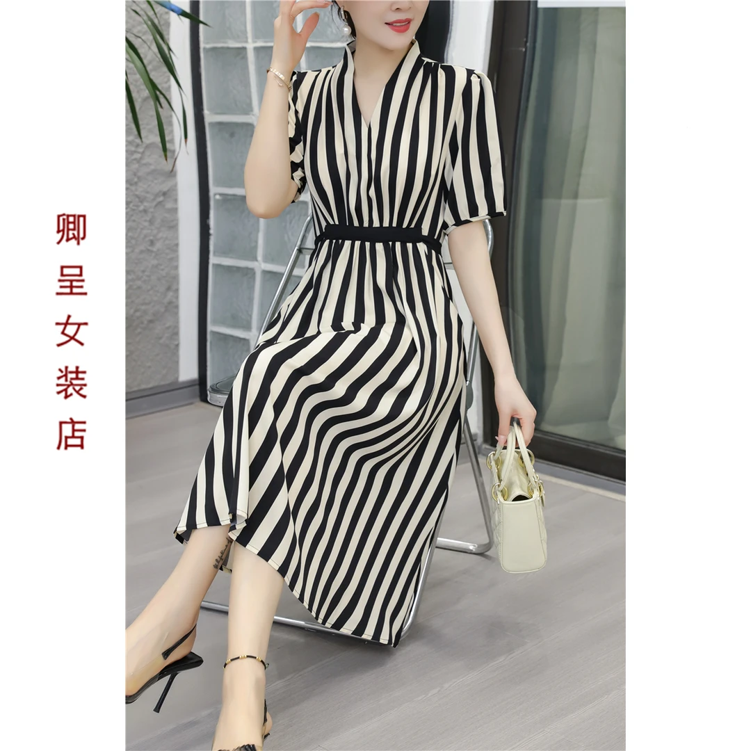 Y909竖条纹V领宽松连衣裙系腰带收腰显瘦夏款短袖A字版大摆裙长款