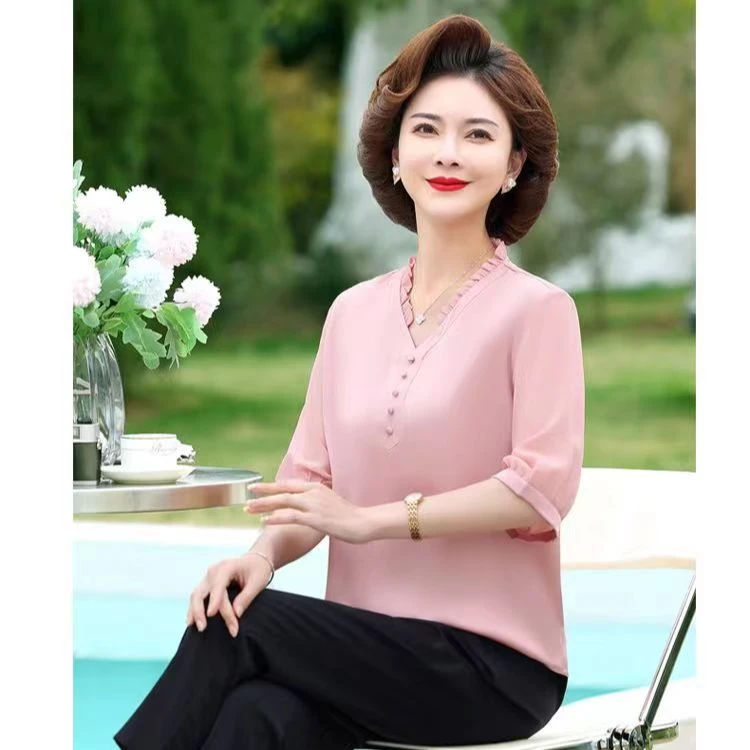 【羽墨家】大码妈妈装气质显瘦夏百搭宽松小衫纯色2312