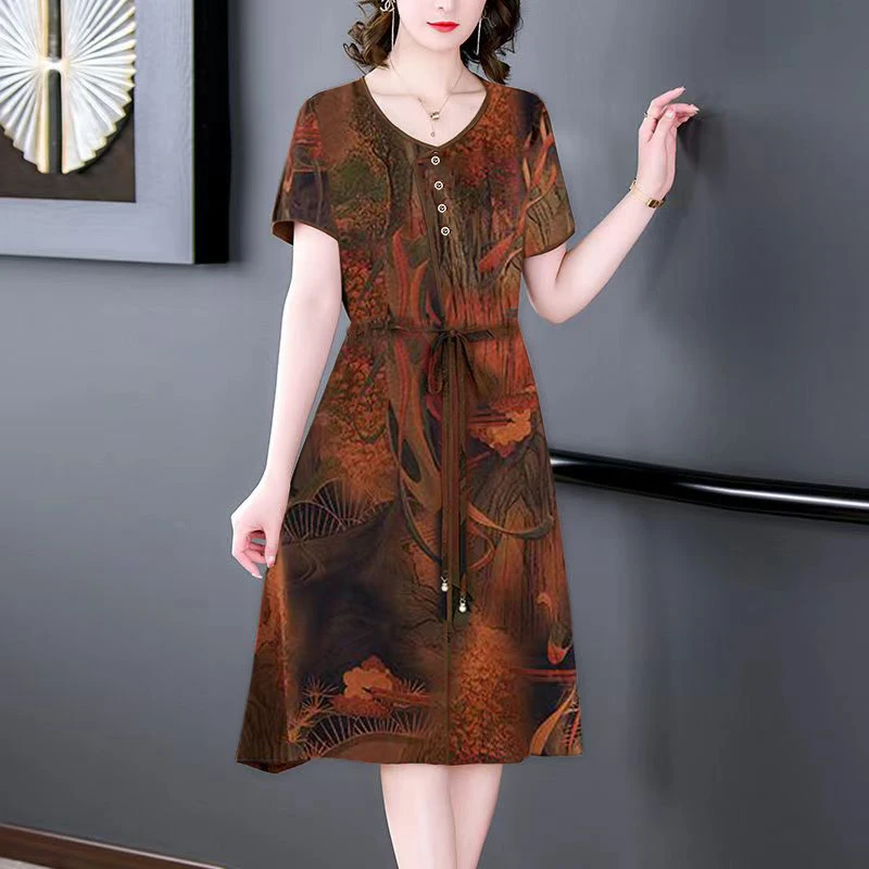 【羽墨家】夏季气质洋气妈妈装时尚收腰连衣裙中年中老年女装金财树