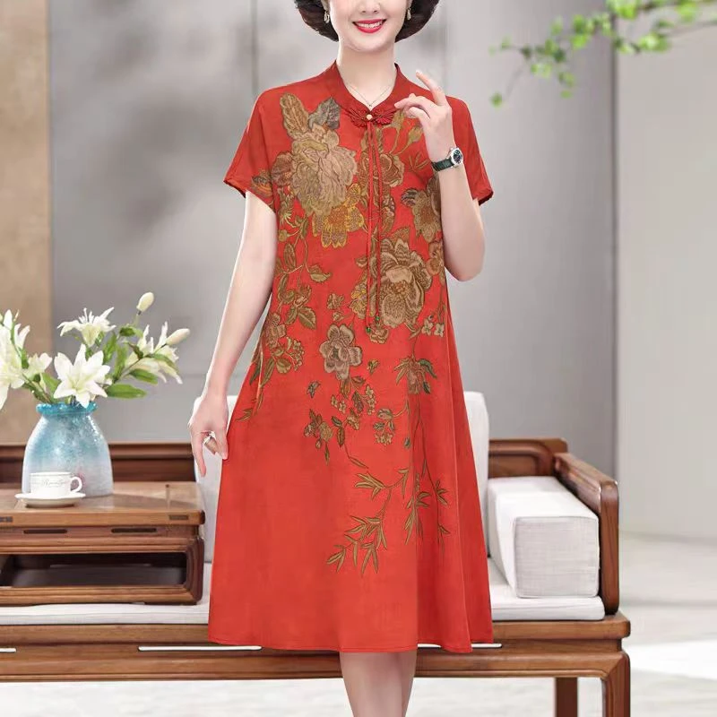 【特价】时尚国风妈妈装民族风夏季新款复古中长款过膝连衣裙8891