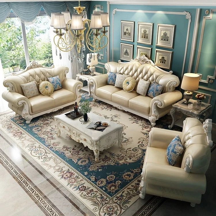 欧式沙发头层牛皮客厅奢华皮沙发雕花简欧123客厅奢华皮法式沙发