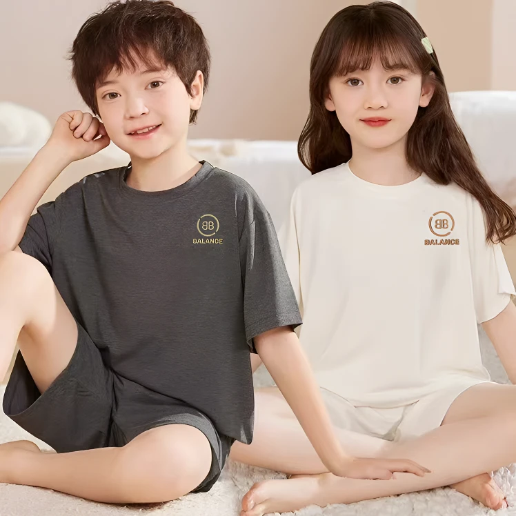 2025夏季新款中大童莫代尔短袖短裤睡衣男女童舒适透气家居服套装