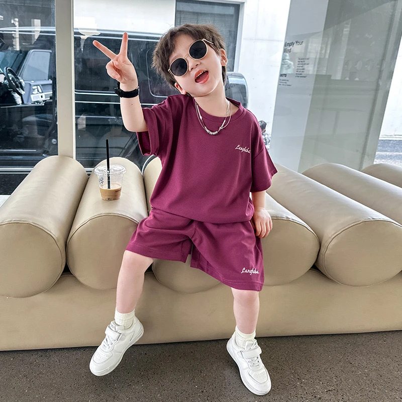 男童中大童华夫格运动套装夏季潮牌透气薄款时尚短裤袖儿童夏装