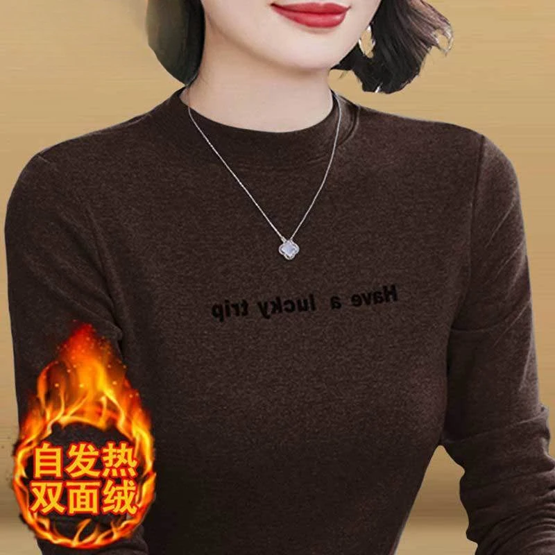 中年妈妈装上衣双面德绒半高领打底衫女秋冬春游新款长袖T恤
