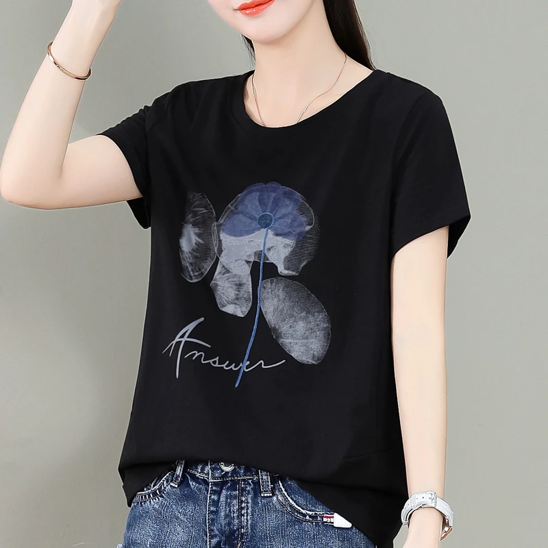 2024夏季女士棉T恤女宽松遮肚子圆领显瘦短袖T恤半袖妈妈装