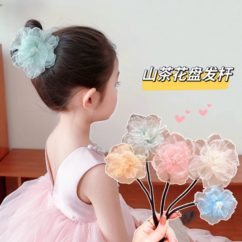儿童花朵盘发杆丸子头神器气质小女孩山茶花头饰夏季新款女童发饰