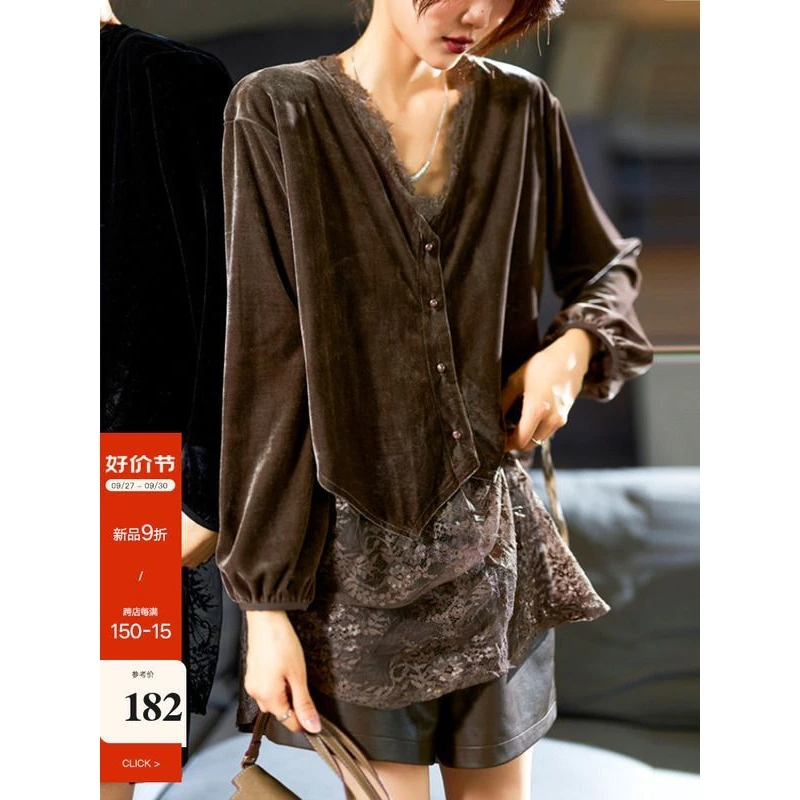 （80-200斤）女装时尚蕾丝拼接丝绒衬衫宽松显瘦遮肉外搭上衣