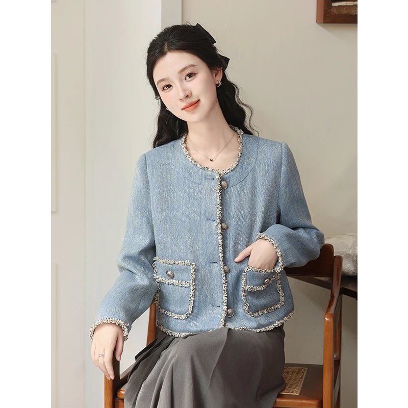 春季小香风外套雾霾蓝长袖花边复古时尚短外套