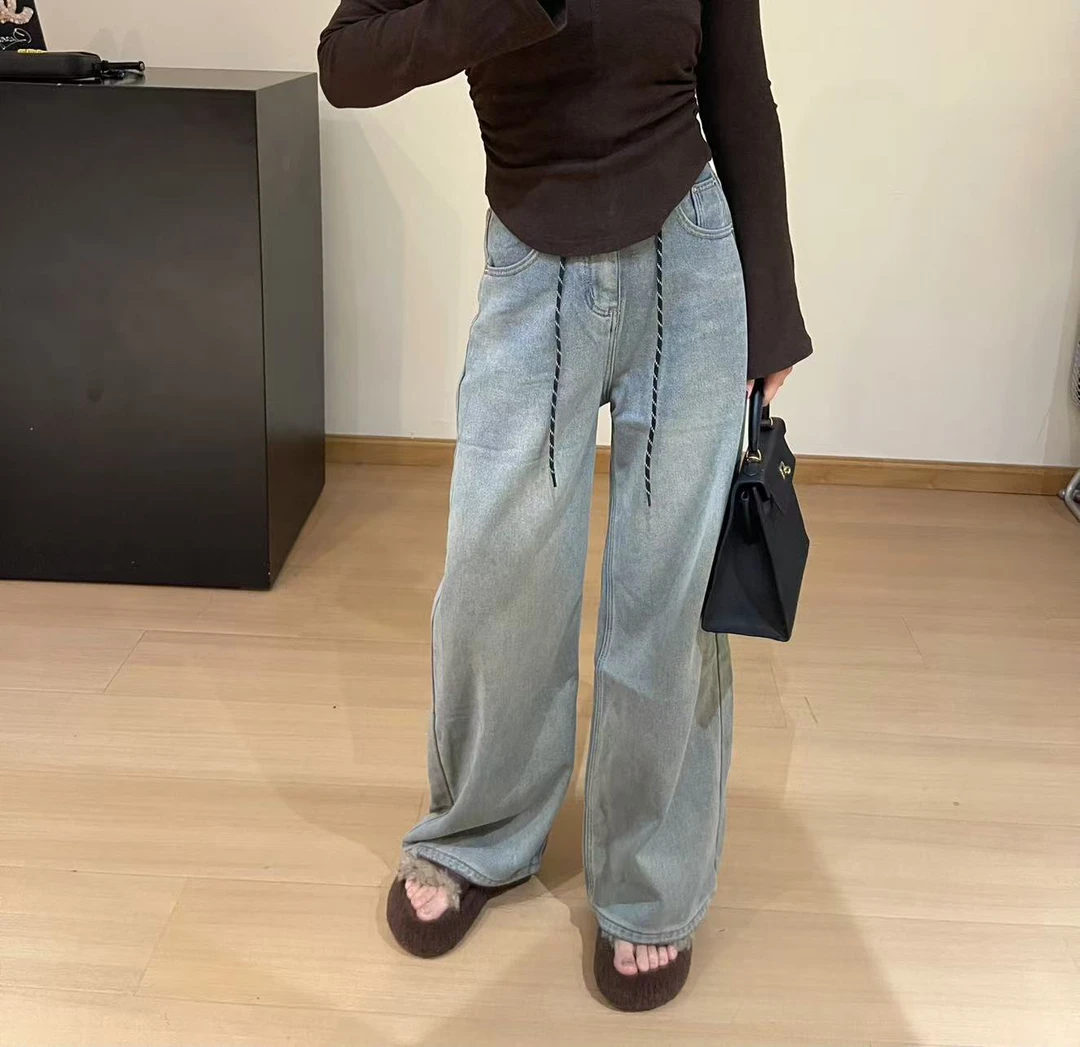 8630【山云录】诗诗家2024秋冬加绒抽绳休闲显瘦百搭直筒牛仔裤