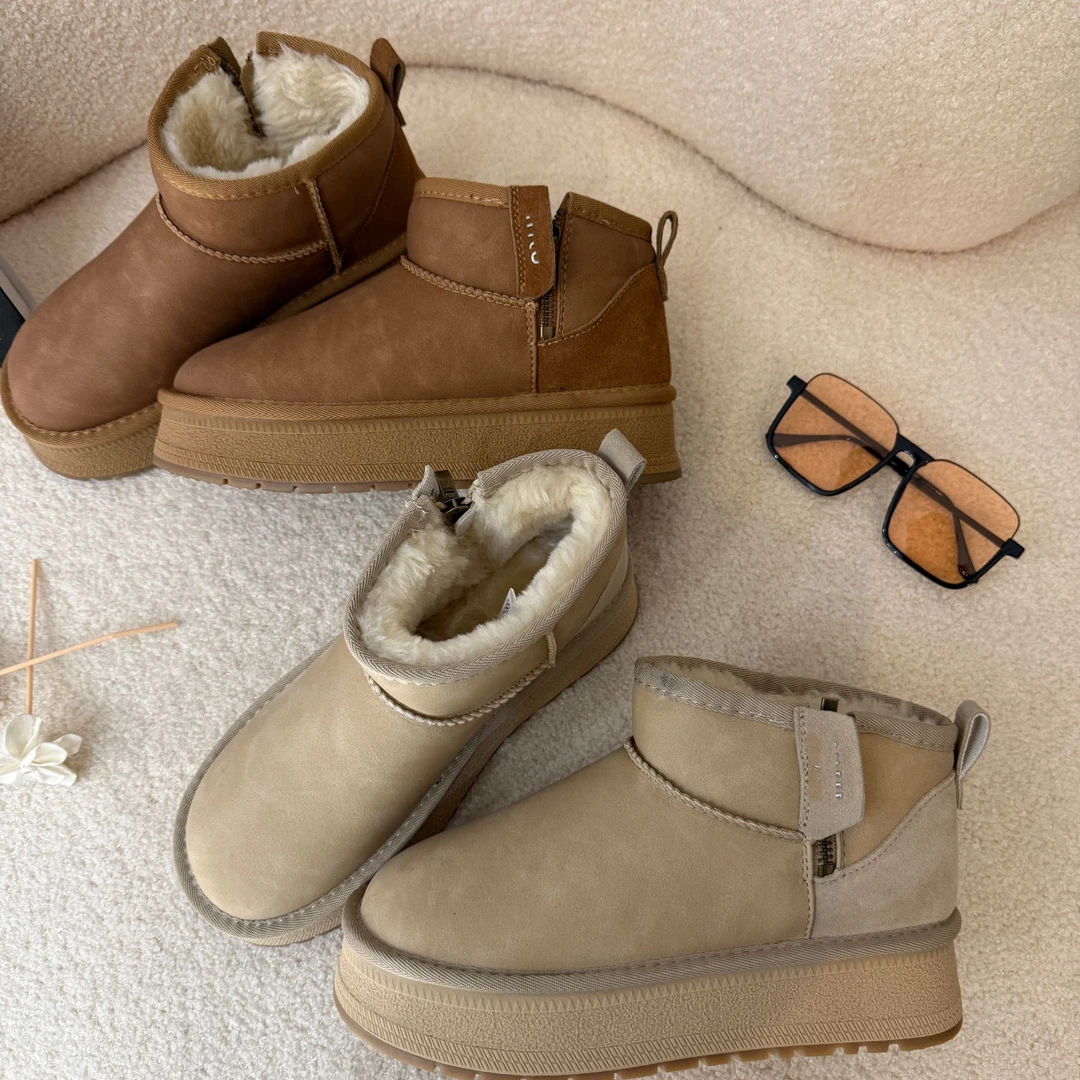 2024冬季新款加绒保暖防滑短筒靴牛皮厚底雪地靴女5855-9