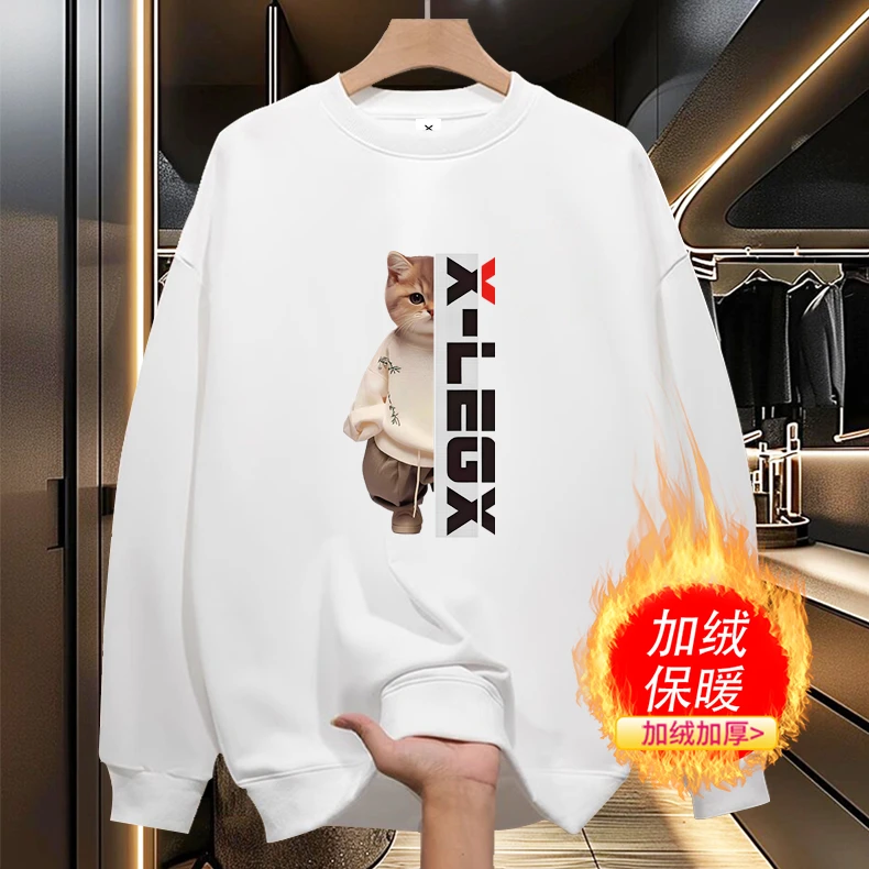 个性痞帅潮流圆领卫衣长袖秀猫加绒街头保暖宽松休闲秋季喜居麦