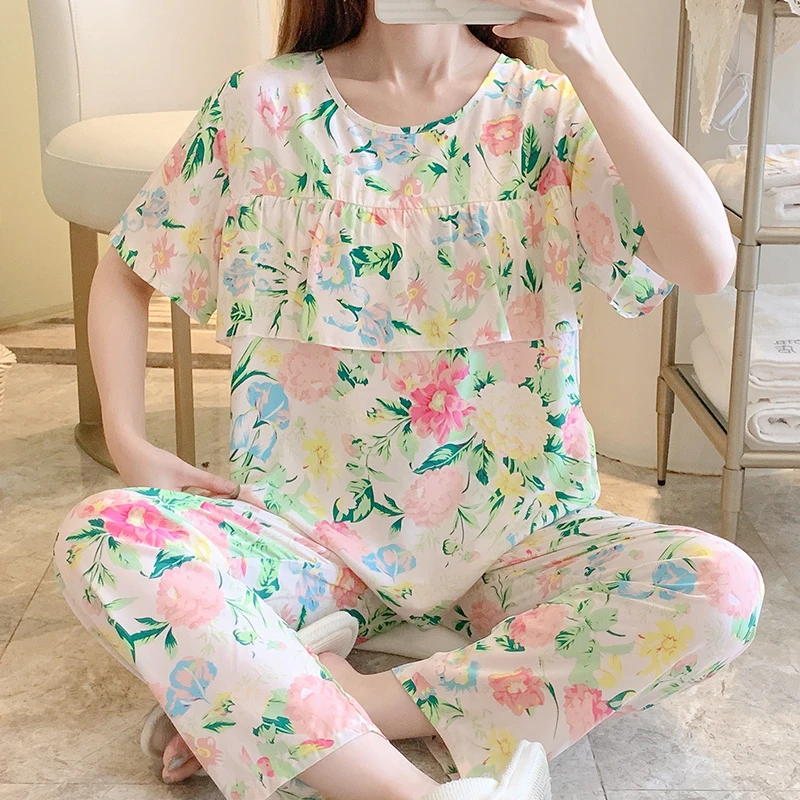 夏季宽松睡衣短袖长裤棉绸睡衣女薄款套装学生绵绸韩版可外穿家居