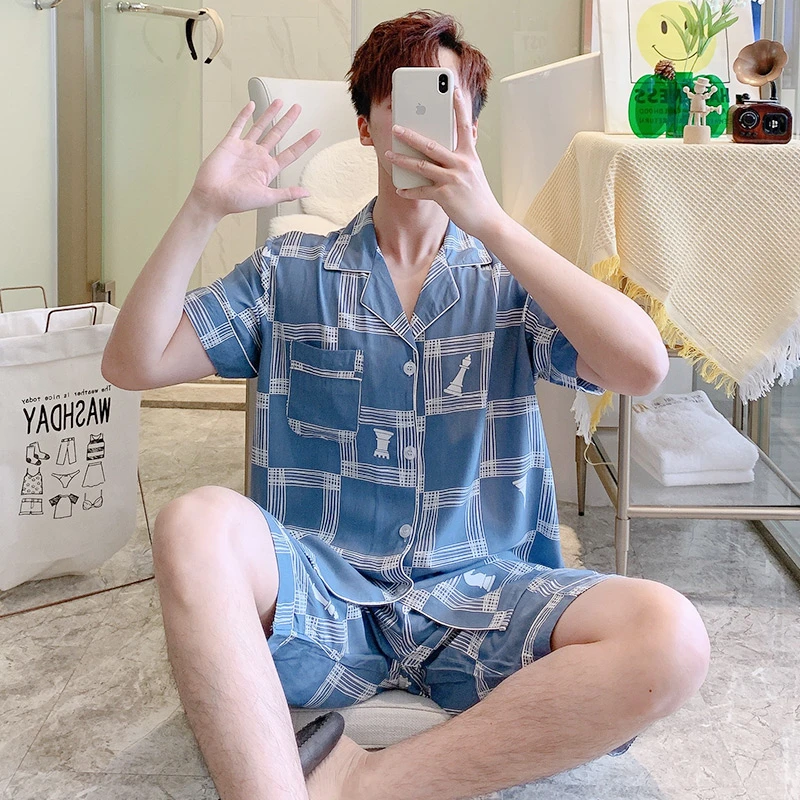 欧朵妮2024夏季新款男士睡衣家居服开衫套装绵绸人造棉柔软舒适两