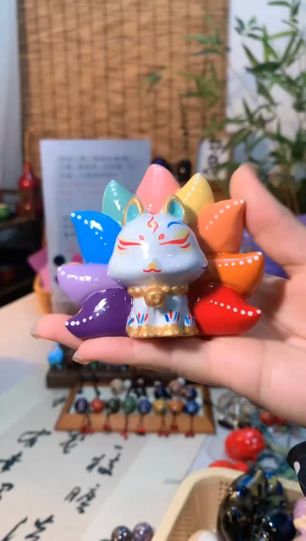 【闪购商品】大漆手绘七彩大九尾狐檀木摆件
