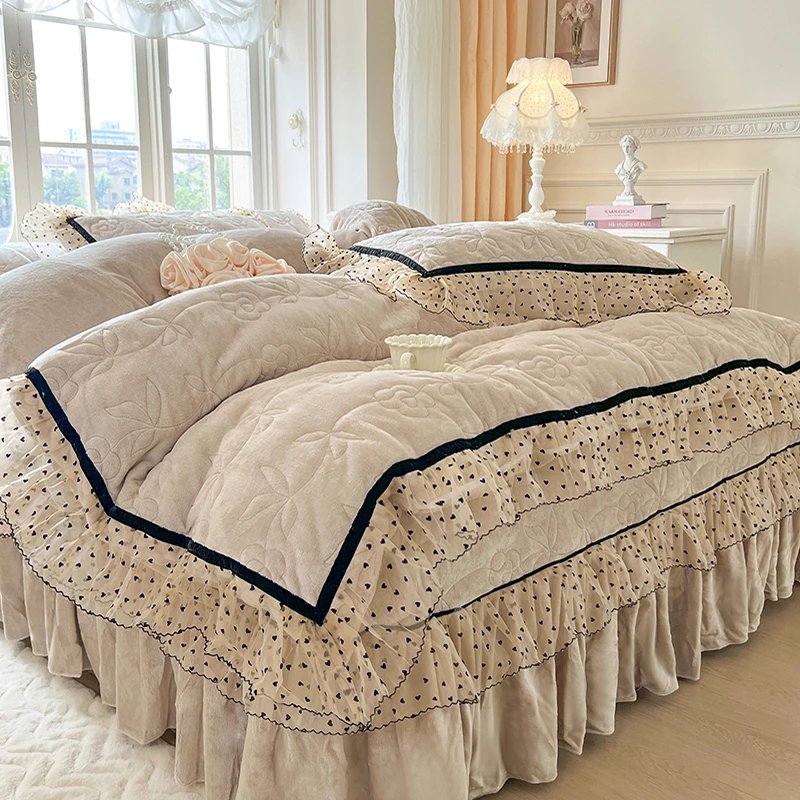 【12-13斤床盖 床裙花边款】立体牛奶绒四件套新款牛奶绒花边床盖