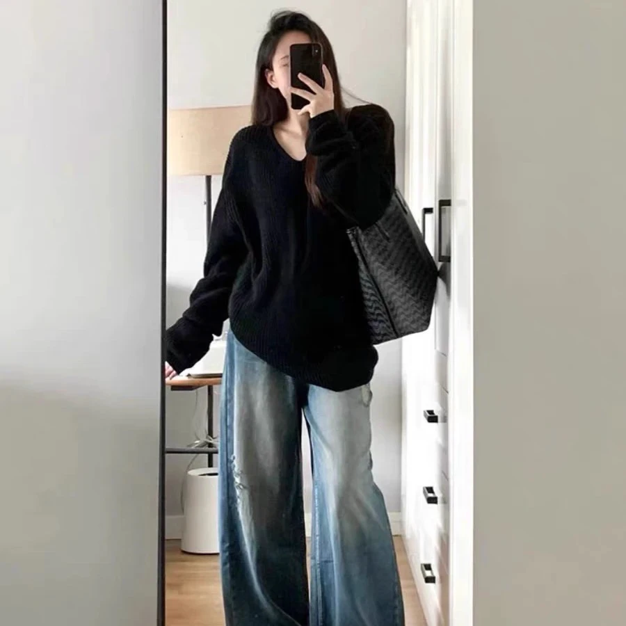 奶fufu软糯糯慵懒风宽松V领针织上衣女2024秋冬新款遮肉显瘦毛衣