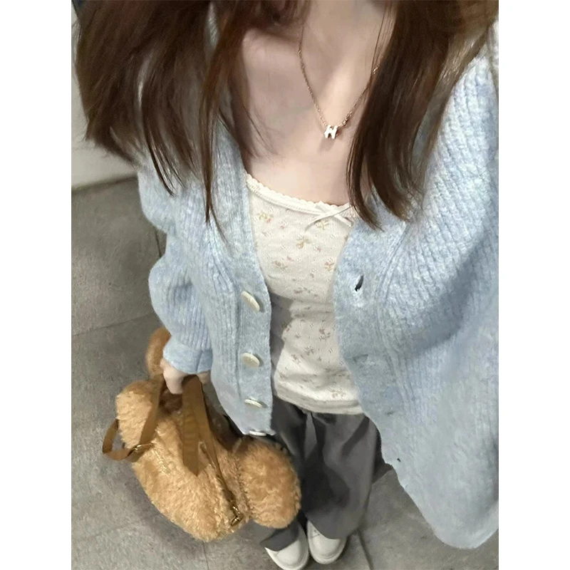 粉色V领软糯开衫春秋毛衣女新款宽松慵懒温柔风外套针织针织外套