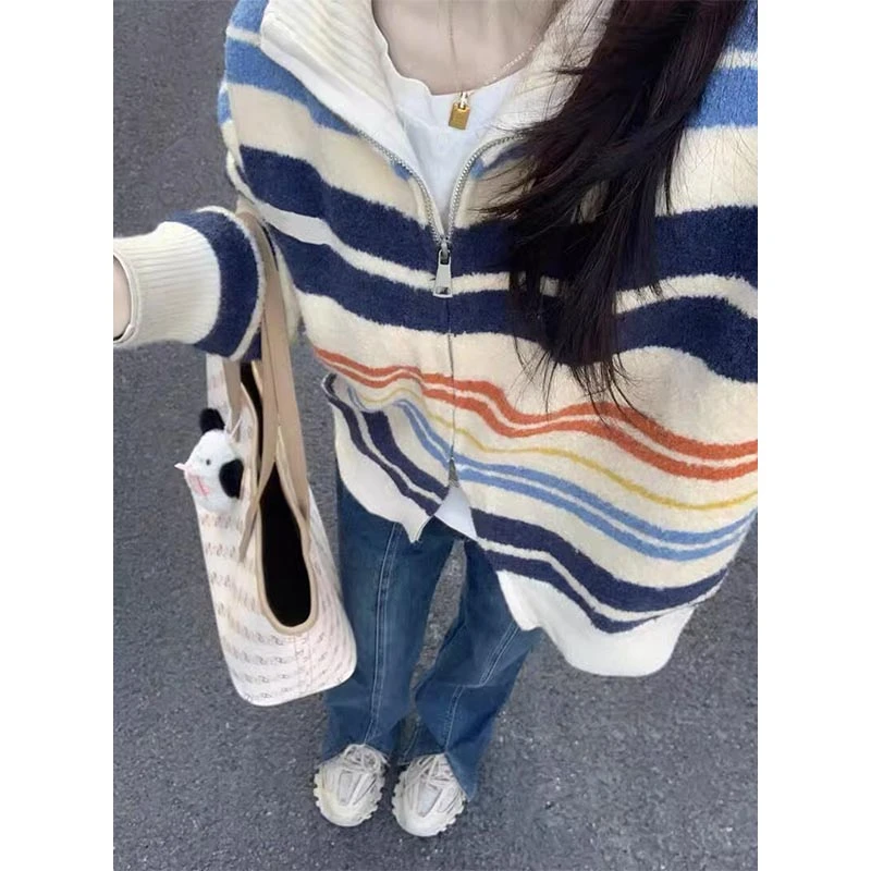 秋装新款慵懒风彩虹条纹复古毛圈拉链毛衣开衫外套翻领针织春秋女